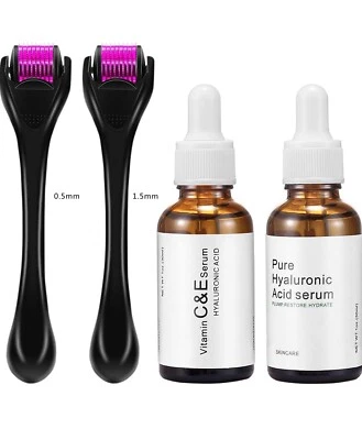 DESLLRAINY Derma Roller Face Serum Kit, Hyaluronic + Vitamin C Facial Titanium Microneedle