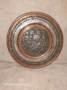 Antique Persian Hand Engraved Copper Silverized Bird Plate 