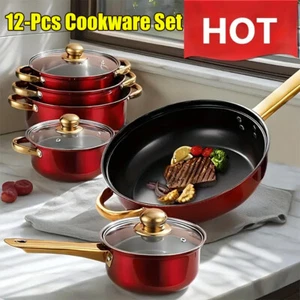 12 Piece Cookware Set Nonstick Pots and Pans Home Kitchen Cooking Non Stick Red - Picture 1 of 15