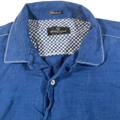 Bugatchi Uomo Men Linen Blue Short Sleeve Classic Fit Collared Button Shirt XL - Image 1 of 4