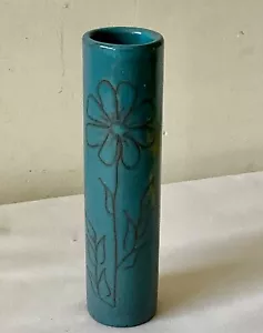 VASE Rouleau SOLIFLORE enGRES VERNISSE BLEU Décor Floral signature à déchiffrer - Photo 1/10