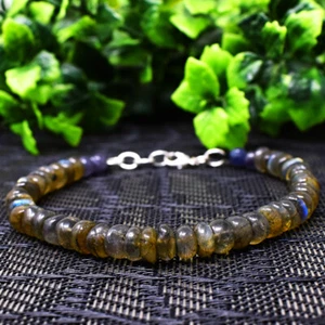 85.00 Cts Natural 7" Long Iolite & Labradorite Round Beads Bracelet NK 23E179 - Picture 1 of 2