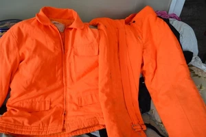 Blaze Orange 2 Piece Hunting Suit 38 x 28 Bibs Metal Zippers - Picture 1 of 15