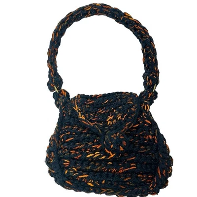 VTG 1970s Handmade Macrame Crocheted Black Orange Shoulder Bag Purse - Image 1 of 4