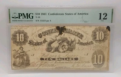 1861 $10 Confederate States Of America PMG Fine 12 T-10 - Image 1 of 4
