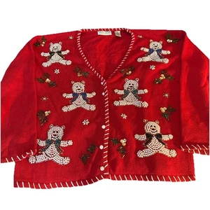 Carolyn Taylor Ladies Christmas Sweater Teddy Bears Pearls Size M Embellished - Picture 1 of 8