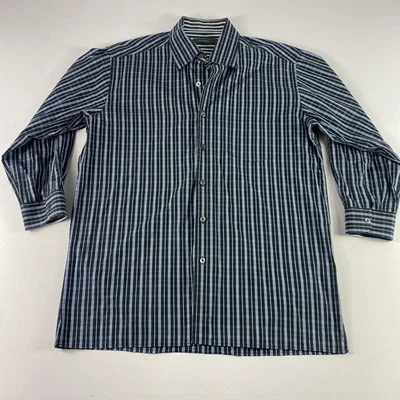 Ermenegildo Zegna Shirt Mens XL Black Blue White Plaid Cotton Button Up Romania - Image 1 of 4