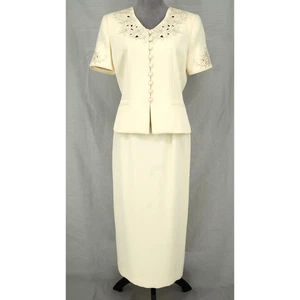 Kasper Skirt Suit Womens 6 Pale Yellow Ivory Embroidered Floral Lined Vintage - Picture 1 of 23