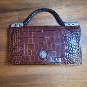 BRIGHTON Leather Croc Brown Crossbody Organizer Bag Purse Wallet Vintage - Picture 1 of 11