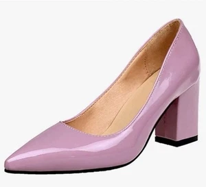 Women Close Pointed Toe Chunky Block High Heel Slip On Dress Pump Shoes - Picture 1 of 7