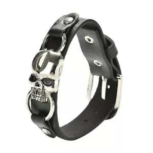 Black Leather Silver Skeleton Skull Bracelet Gothic Biker Men Gift Accessories - Picture 1 of 8