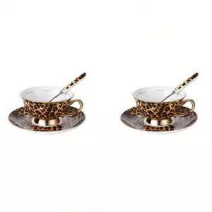 Bone China Leopard Print Tea Cup And Saucer Set With Golden Handle And Spoon - Picture 1 of 11