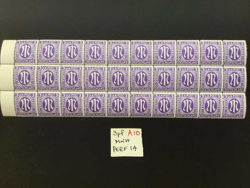 Germany 1945 MNH Brit & American Allied Military Block Of 30 3pf Type 1 Issues - Image 1 of 1