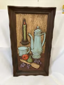 Vtg Rustic Country Kitchen Chalkware Wall Plaque Coffee Pot Fruit Signed Vg - Picture 1 of 10