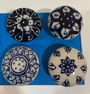 Jaipur Market Blue White Chinoiserie Gold Drawer Pull Knobs Set Of 4 NOS - Picture 1 of 6