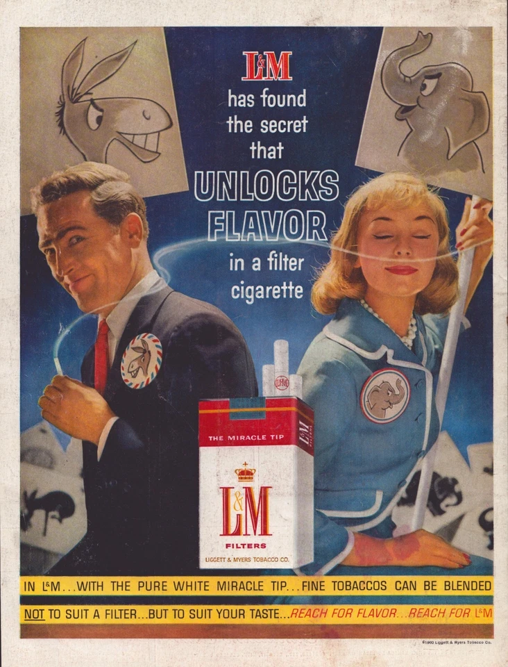 Anuncio impreso de cigarrillos L&M 1960 Convención demócrata republicana burro elefante Foto 1 de 1