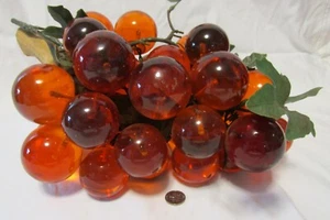 Vintage MCM Lg. Orange Lucite Cluster w/@ 30 grapes with Leaves and Wood Stem - Picture 1 of 14