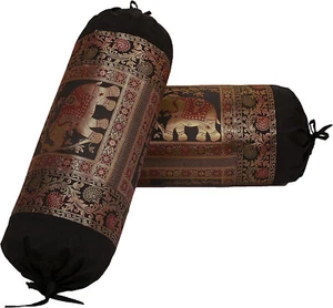 Indian Long Round Pillow Yoga Massage Bolster Black Cylinder Silk Cushion Cover - Picture 1 of 7
