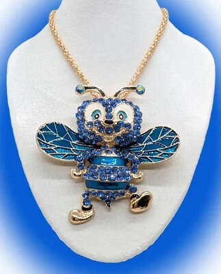 Lindo y brillante! Collar Betsey Johnson Cristal Azul Real Cara Feliz Abejorro Foto 1 de 4