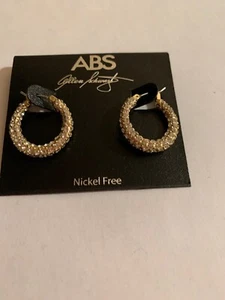 $45  ABS by Allen Schwartz  gold  tone pave 3/4” hoop earrings m683 - Picture 1 of 7