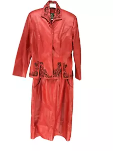 Vintage Leather 9000 Womens Suit Jacket Skirt Maxi Beaded Embellished Coat Red - Picture 1 of 17