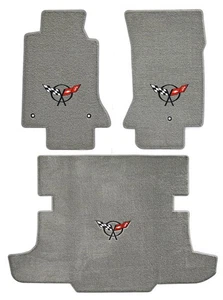 C5 Corvette Coupe & Hatchback Gray Grey Floor & Trunk Mat Set - Black Flags Logo - Picture 1 of 2
