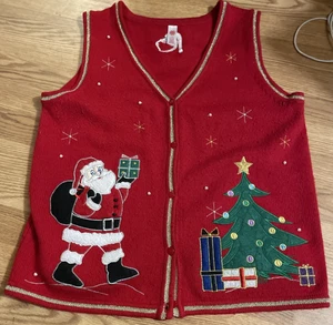 Holiday Time UGLY SWEATER Weihnachtsstrick rot L Weste Weihnachtsbaum Acryl - Bild 1 von 6