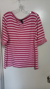 CAMISETA KAREN SCOTT MUJER RAYAS ROSA Y BLANCO MANGAS CON PUÑOS TALLA XL - Imagen 1 de 3