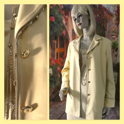 St. John Suit Butter Yellow Size 8 Jacket w Santana Knit Skirt Gold Beaded Trim - Image 1 of 4