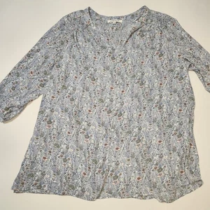 Rose + Olive Shirt Womens 1X Blue Floral Button Front V Neck Smocked Back Blouse - Picture 1 of 17