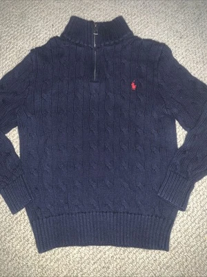 Polo Ralph Lauren Boy's 1/4 Zip Navy Blue Red Pony Cableknit Pullover Size 5 - Image 1 of 2