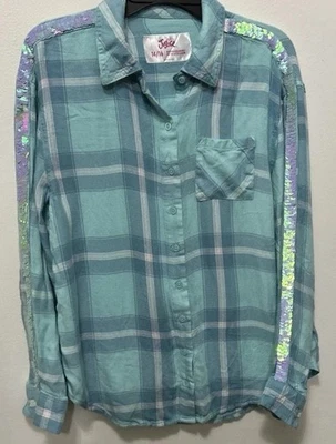 Justice Girl Sz 14/16 Blues+white Plaid Button Shirt, Soft, Flip Sequin Slv - Image 1 of 4