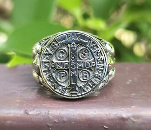 Heiliger Benedikt Kruzifix Ring 925 STERLINGSILBER Katholisch Heiliger Vater Christus - Bild 1 von 10