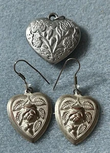 Repoussee Silver Tone Lightweight Heart Earrings & Puff Pendant W/ Rose Pattern - Picture 1 of 10