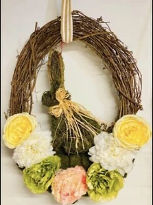 Handmade Easter Floral Grapevine Door Wreath with Faux Moss Covered Bunny. - Picture 1 of 1
