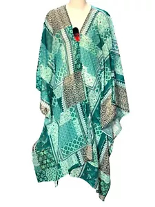 CCC Bohemian Style Patchwork Cape leichter transparenter Stoff elegant türkis weiß - Bild 1 von 10