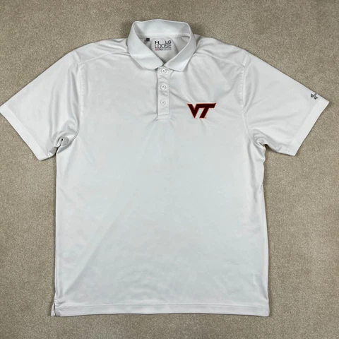 Virginia Tech Polo Shirt Mens Large Loose White Heat Gear Under Armour Hokies Cover