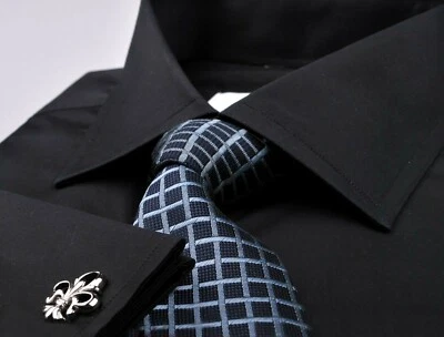 Чистый черный твердый поплин платье рубашка официальный ужин событие мужчин стильный французский манжеты - Изображение 1 из 4