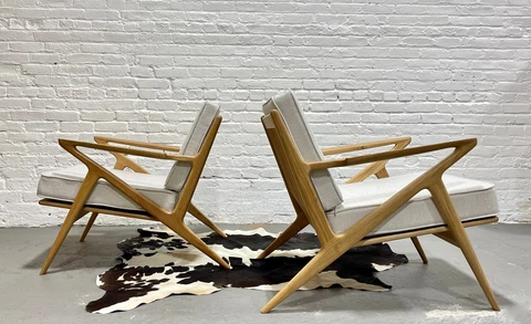 Pair of HANDCRAFTED Mid Century Modern styled OAK LOUNGE CHAIRS, Pearl White Cover