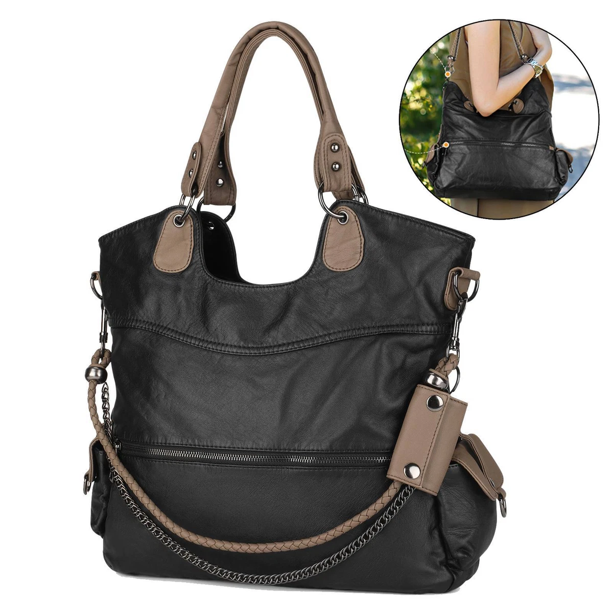 Women's Genuine Leather Hobo Shoulder Bag - Trendy Zipper Closure Tote & Satchel Purse