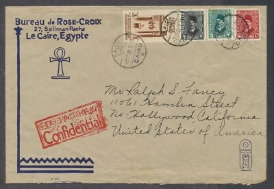 Egypt 1936 Rose-Croix (Red Cross) cover to US with handstamps and corner cards - Image 1 of 2