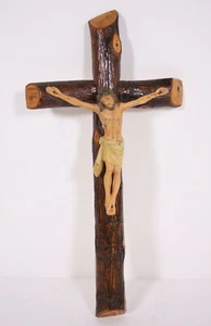 Hickory Wood Cast Metal Paint Jesus 15” Vtg Antique Crucifix Cross Exceptional - Picture 1 of 12