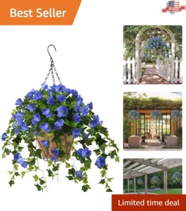 Vibrant Blue Artificial Petunia Hanging Flowers in Coconut Lining Basket - Picture 1 of 7