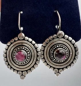 Vintage Suarti BA Sterling Silver Red Garnet Beaded Hook Dangle Earrings 1.55" - Picture 1 of 10