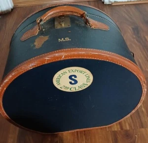 Antique green/ Brown Case Hat Box Round Carry on Suitcase 10 in Leather Handle - Picture 1 of 6