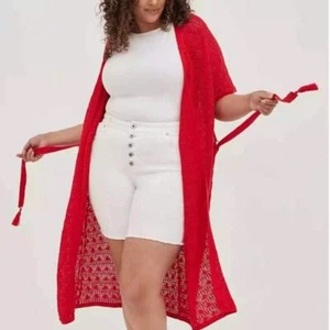Torrid Damen rot Strick Häkel Staubtuch Überwurf Gürtel Tie Taille Größe 1/2 - Bild 1 von 6
