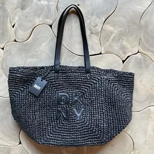 DKNY schwarz Paloma gewebt Stroh Tragetasche Handtasche gefüttert mit Innentaschen Neu mit Etikett - Bild 1 von 4
