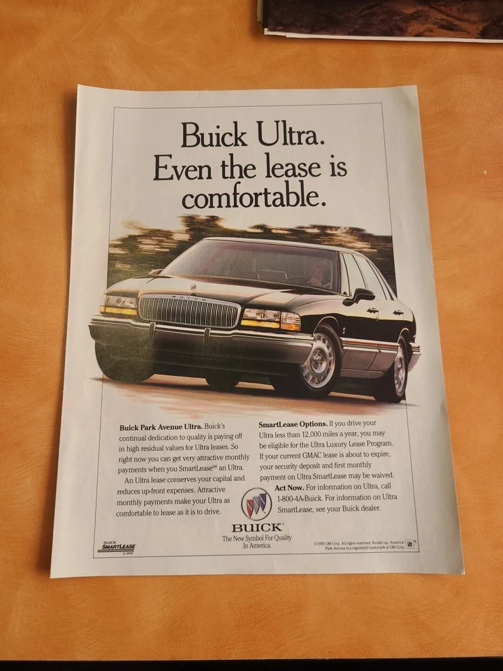 PRINT AD 1993 Buick Park Avenue Ultra Luxury Car - Even The Lease Is Comfortable - Image 1 of 1