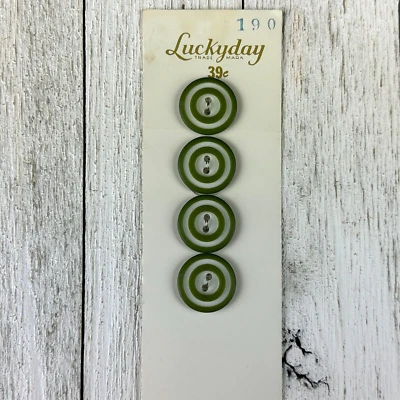 Vintage Luckyday Buttons Green White Cut Carved Bullseye On Original Card 39Cent - Image 1 of 4
