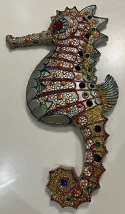 Seahorse Wall Hanging 12” Silver Color Faux Jewels Mosaic Beach Ocean Sea Decor - Picture 1 of 9